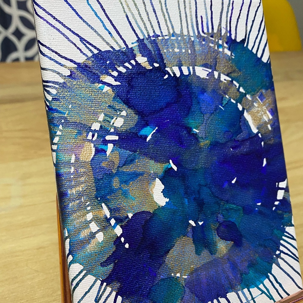 Abstract painting. Alcohol inks on cotton canvas. Purples, turquoise, gold.